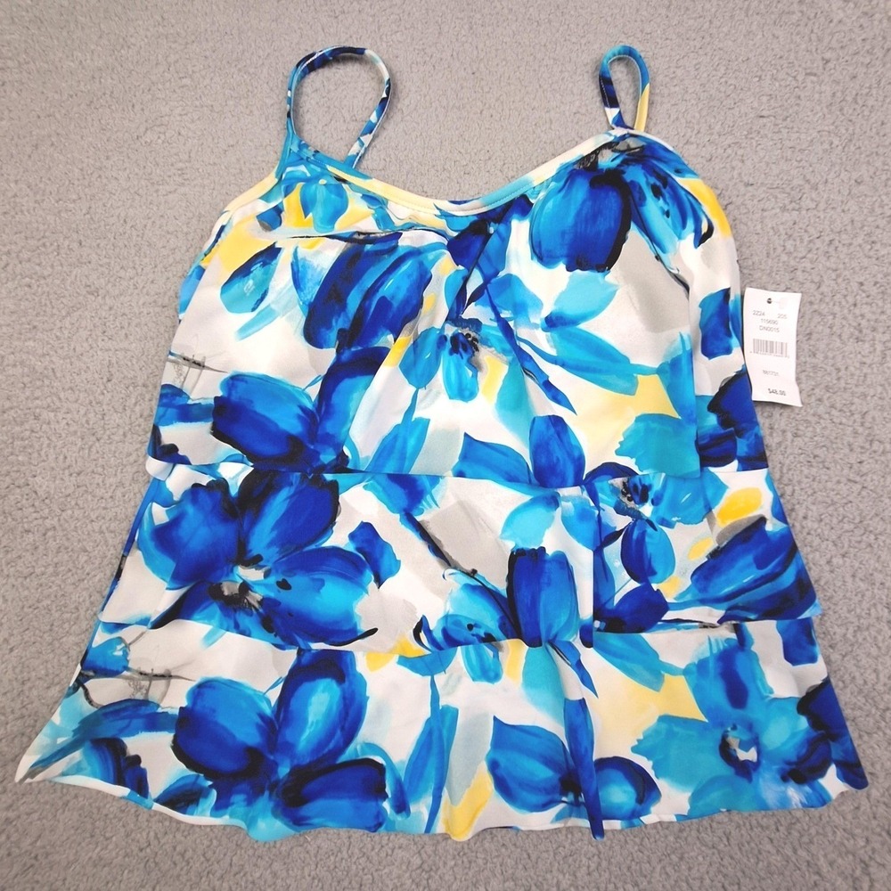 Caribbean Joe Tankini Top Womens 12‎ Blue Floral Tiered Ruffle Swim Beachwear
